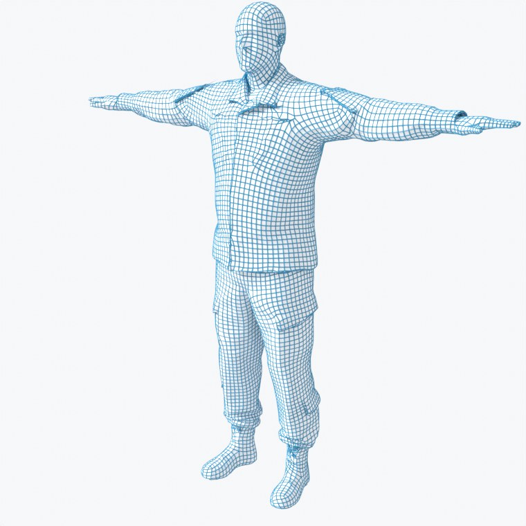 Quad wireframe close-up of the retopologized soldier mesh