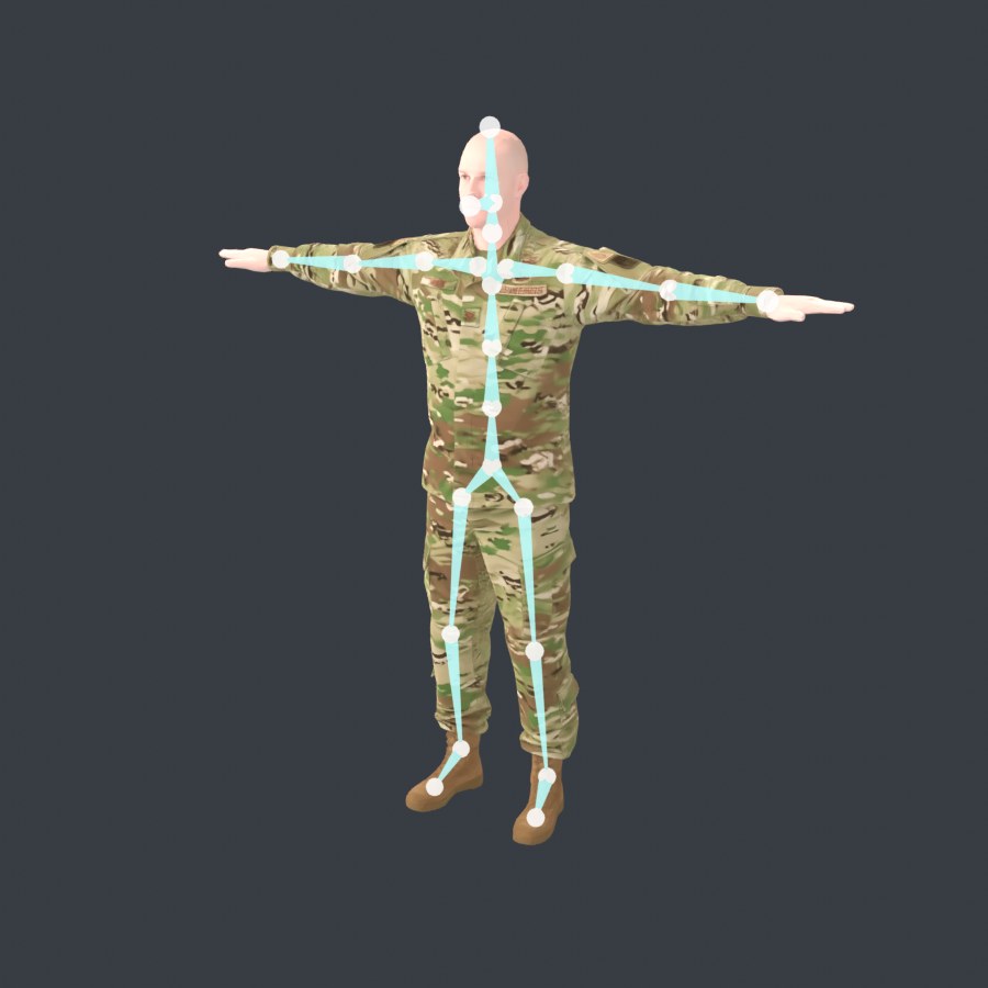 Generated soccer player in a T-pose with its automatic skeleton shown through the body